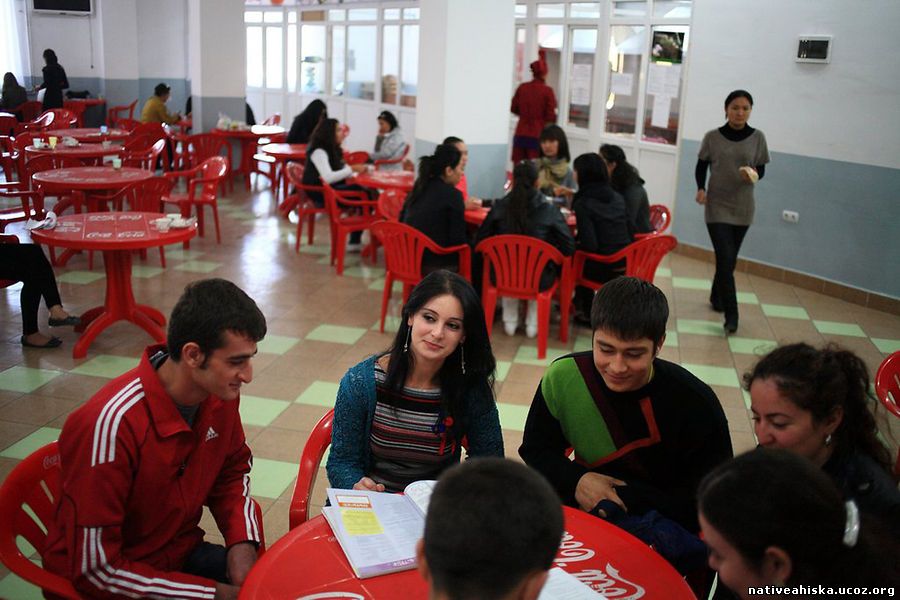 A group of Meskhetian students gather in the cafe of Ataturk Alatoo University in Bishkek.